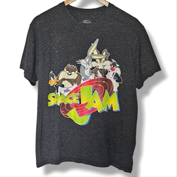 Space Jams Short Sleeve T-Shirt Size L Black Speckled Graphic Tee Bugs Daffy - Picture 8 of 8
